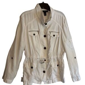 INC International Concepts White 100% Linen Utility Jacket Full Zip & Button